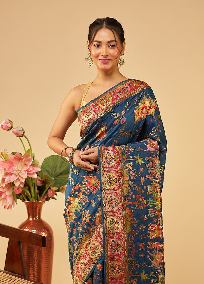 Blue Handloom Pure Georgette Saree With Blouse Piece