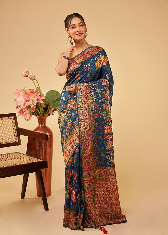 Blue Handloom Pure Georgette Saree With Blouse Piece