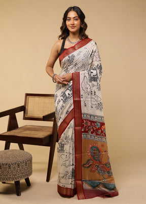 White Chanderi Cotton Saree With Blouse Piece