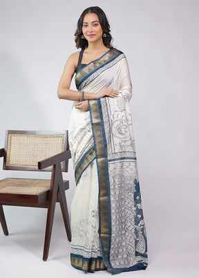 White Chanderi Cotton Saree With Blouse Piece