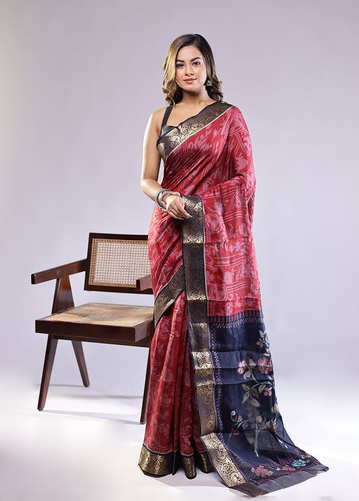 Red Chanderi Cotton Saree With Blouse Piece