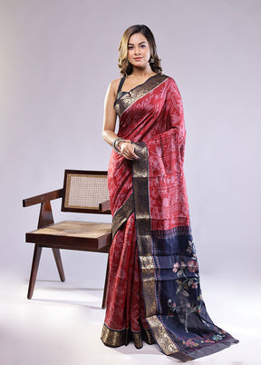 Red Chanderi Cotton Saree With Blouse Piece