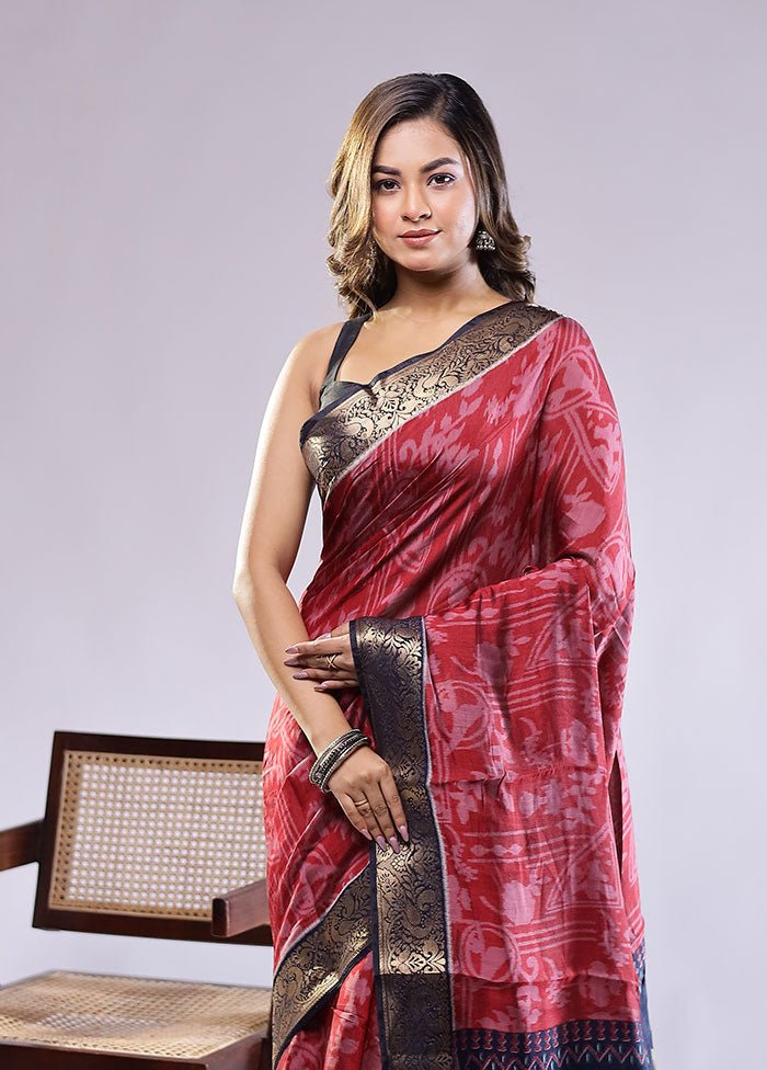 Red Chanderi Cotton Saree With Blouse Piece