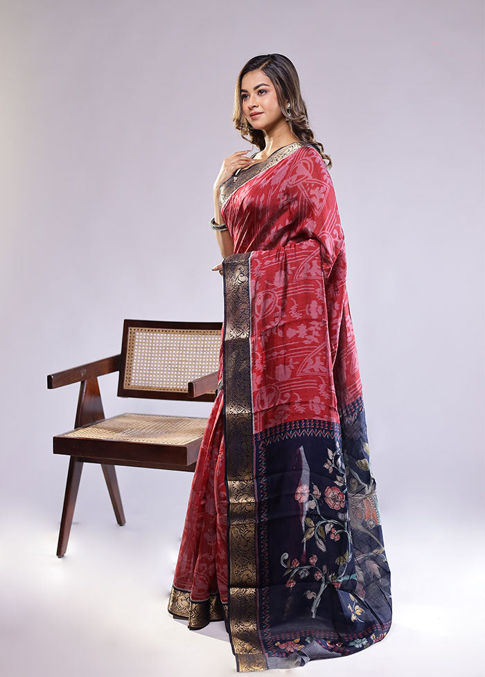 Red Chanderi Cotton Saree With Blouse Piece