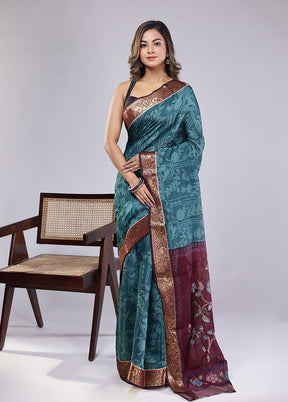 Green Chanderi Cotton Saree With Blouse Piece