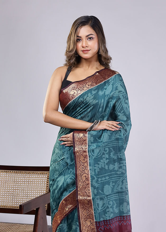 Green Chanderi Cotton Saree With Blouse Piece