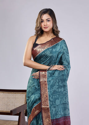 Green Chanderi Cotton Saree With Blouse Piece