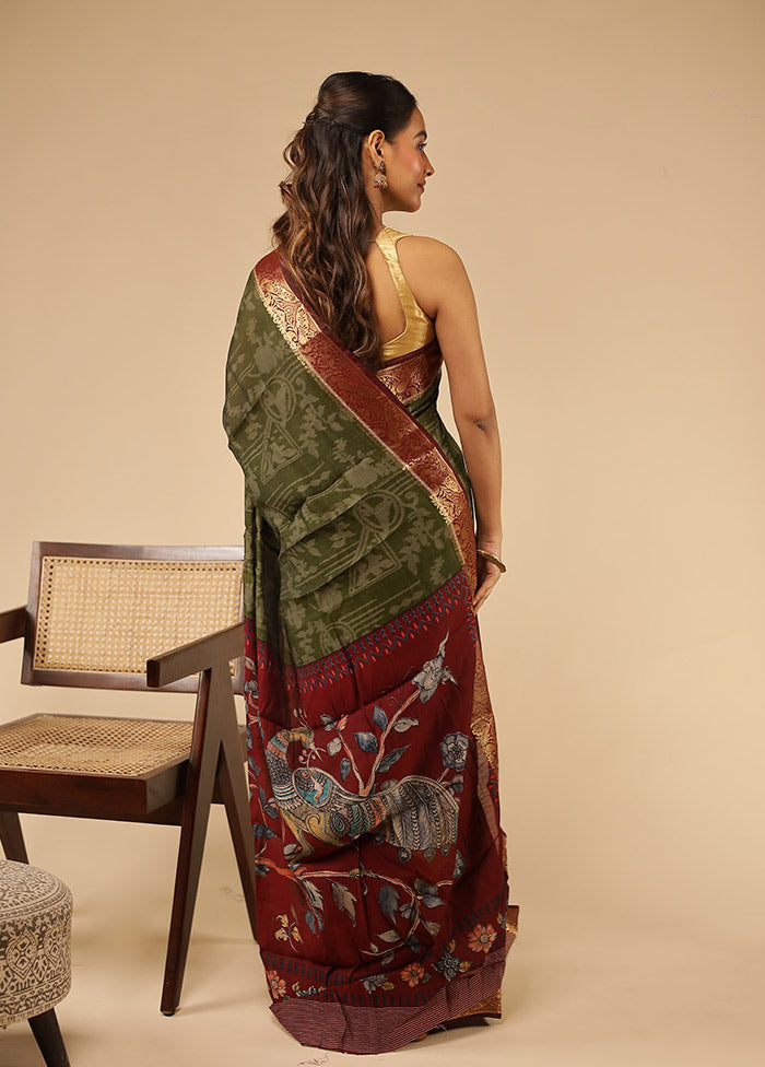 Green Chanderi Cotton Saree With Blouse Piece