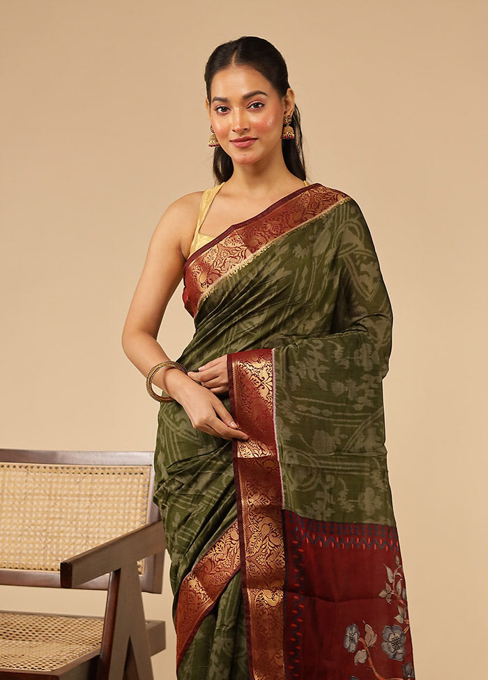 Green Chanderi Cotton Saree With Blouse Piece