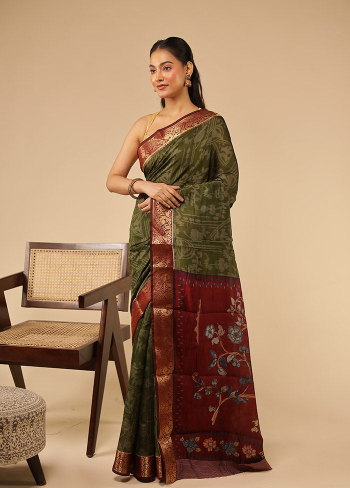 Green Chanderi Cotton Saree With Blouse Piece