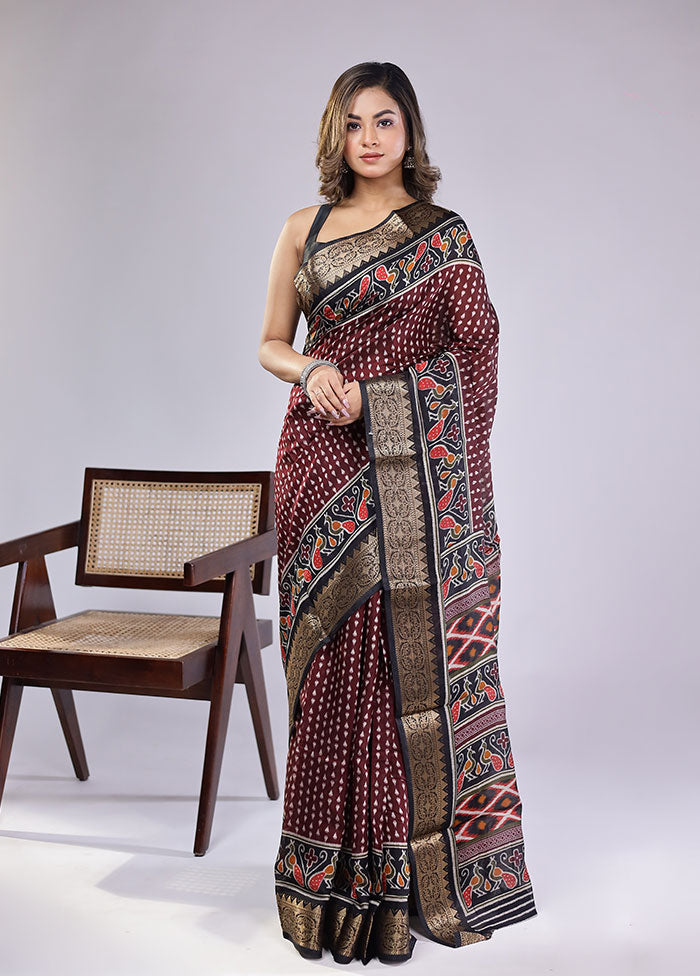 Maroon Chanderi Cotton Saree With Blouse Piece