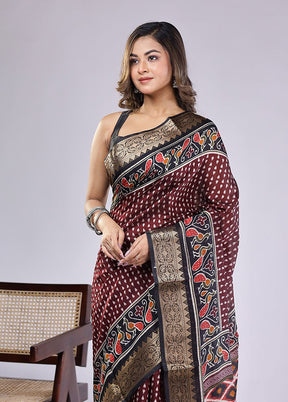 Maroon Chanderi Cotton Saree With Blouse Piece
