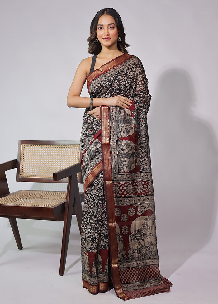 Black Chanderi Cotton Saree With Blouse Piece