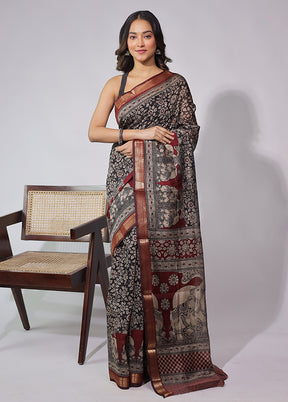 Black Chanderi Cotton Saree With Blouse Piece