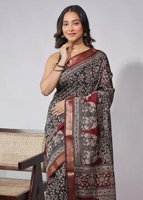 Black Chanderi Cotton Saree With Blouse Piece