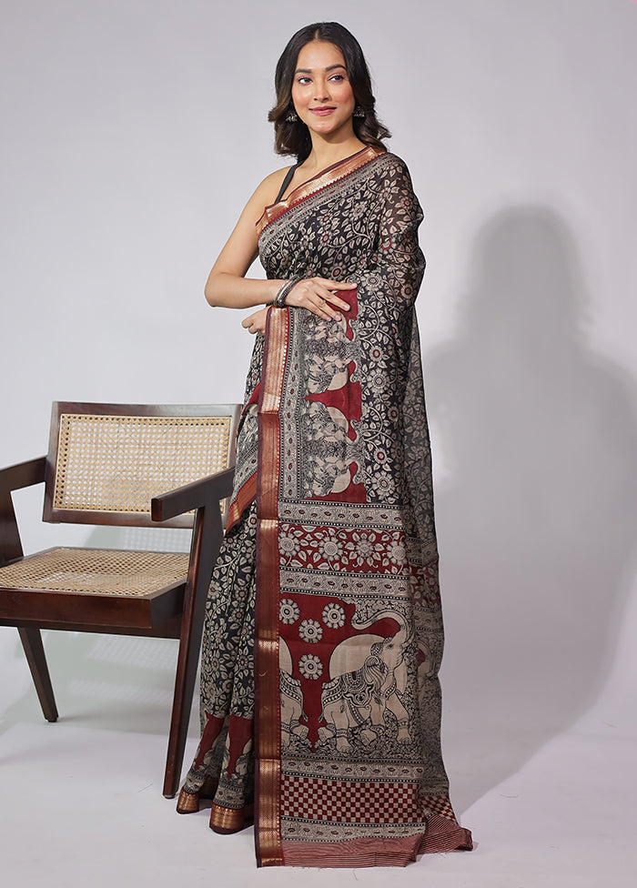 Black Chanderi Cotton Saree With Blouse Piece