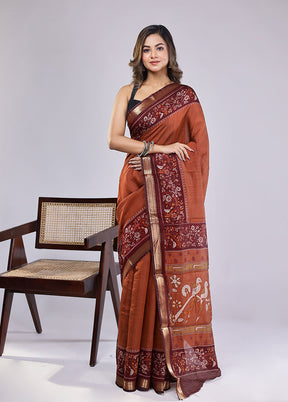 Rust Chanderi Cotton Saree With Blouse Piece