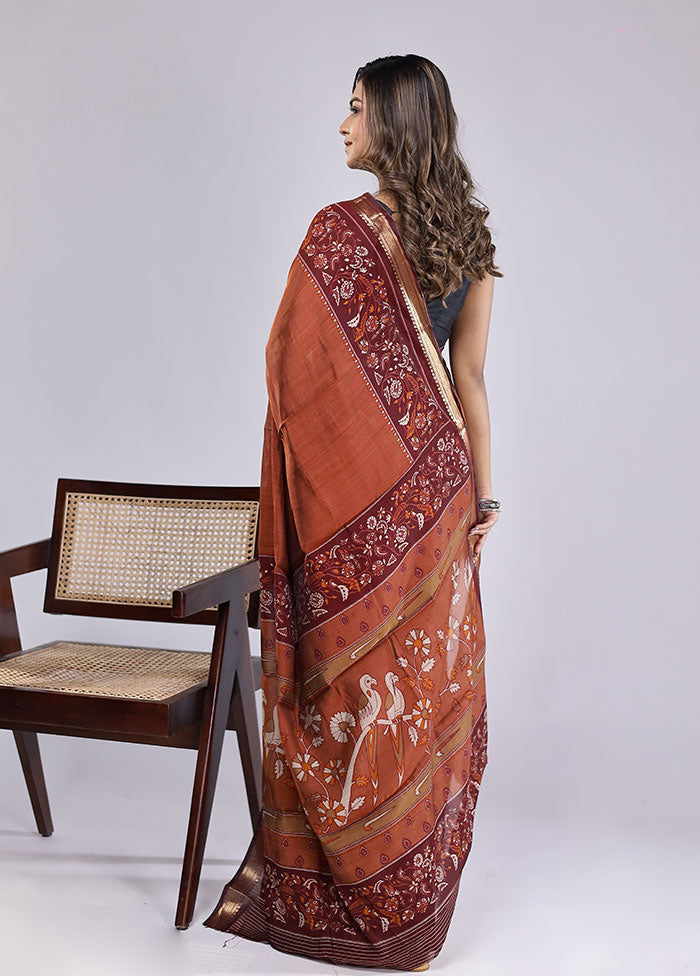 Rust Chanderi Cotton Saree With Blouse Piece
