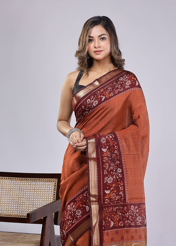 Rust Chanderi Cotton Saree With Blouse Piece