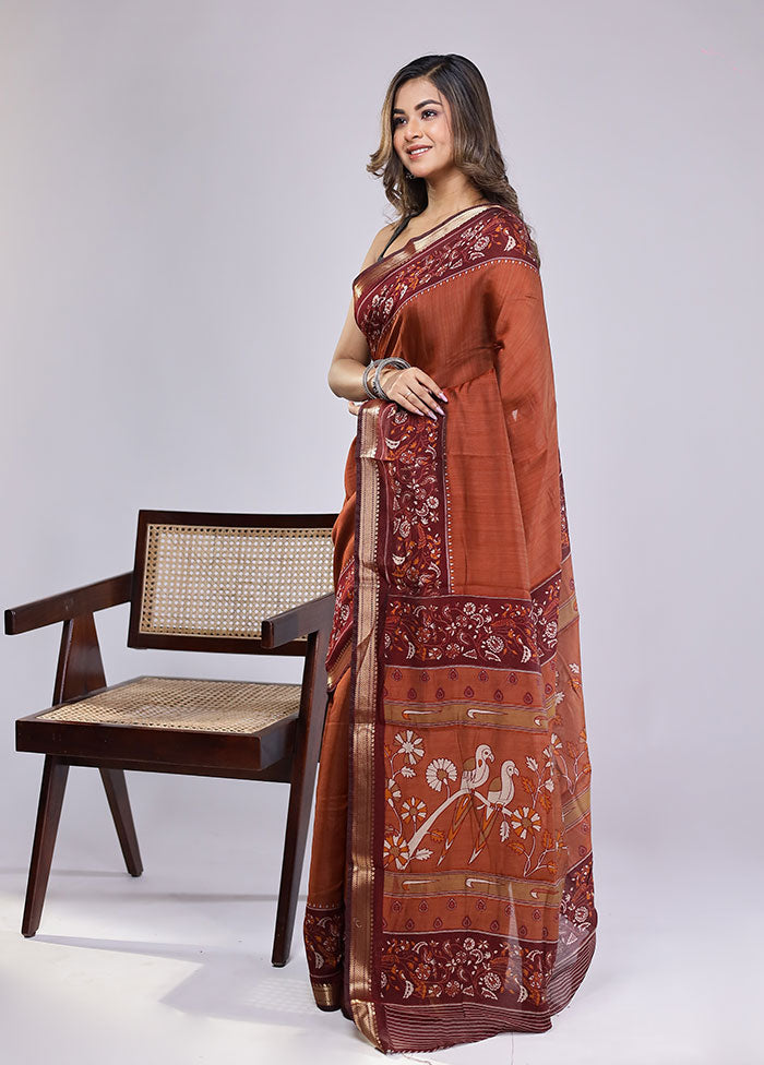 Rust Chanderi Cotton Saree With Blouse Piece