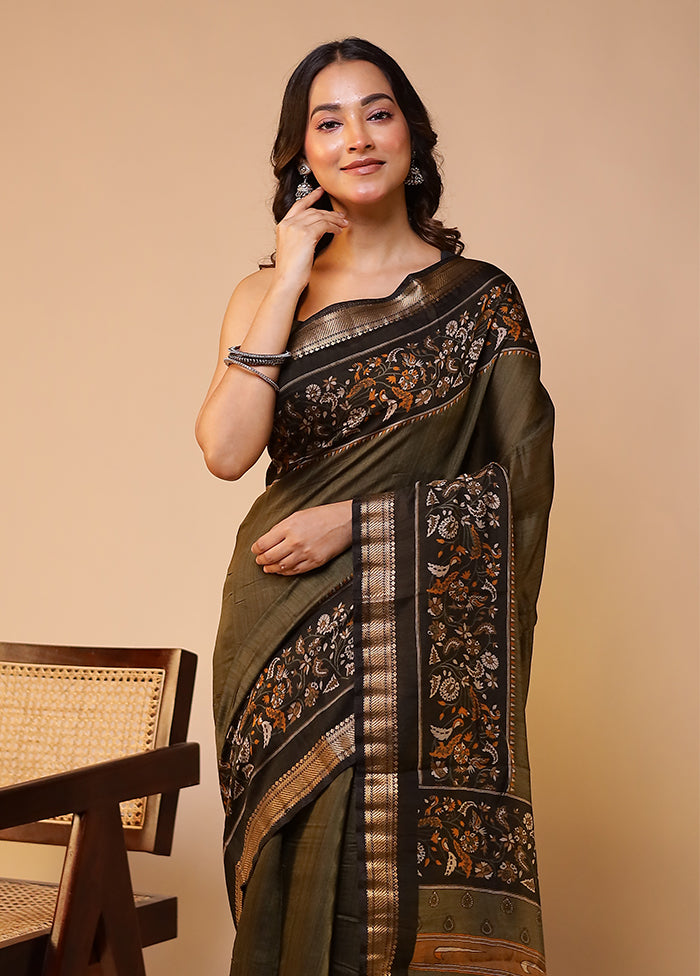 Green Chanderi Cotton Saree With Blouse Piece