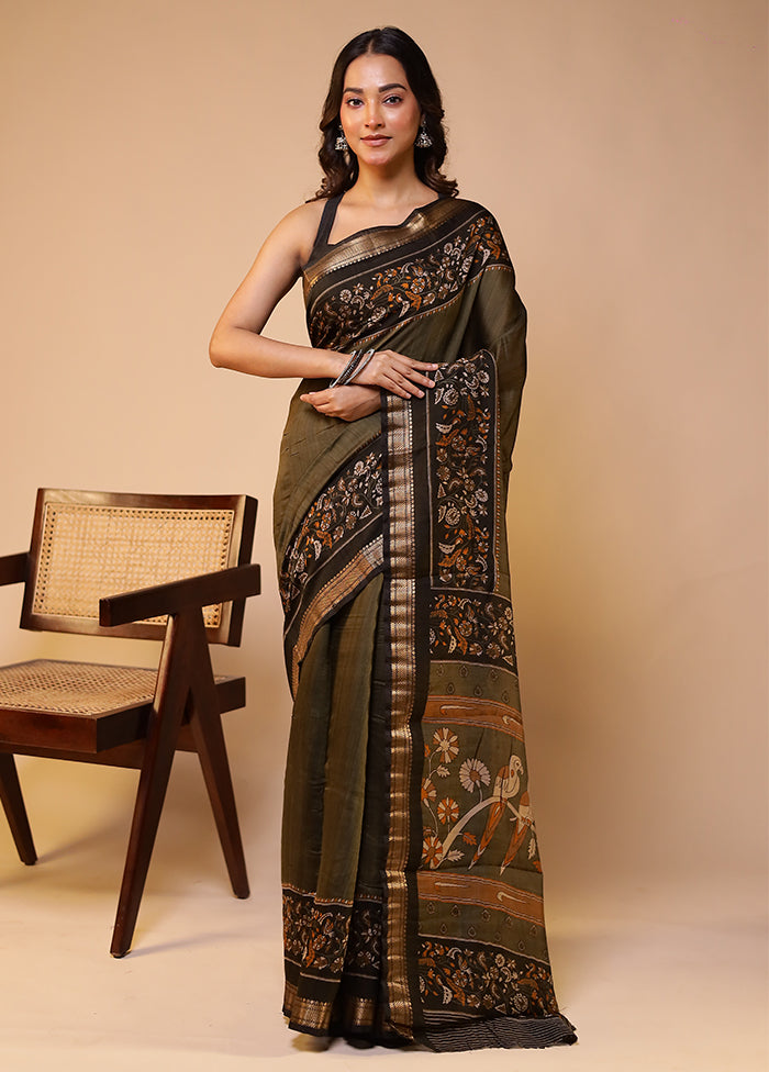Green Chanderi Cotton Saree With Blouse Piece