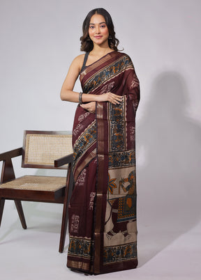 Maroon Chanderi Cotton Saree With Blouse Piece