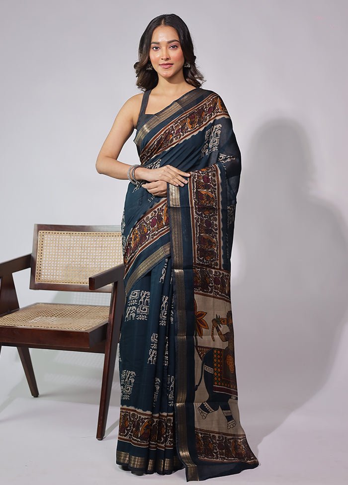 Blue Chanderi Cotton Saree With Blouse Piece
