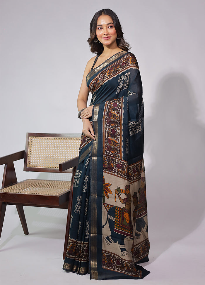 Blue Chanderi Cotton Saree With Blouse Piece