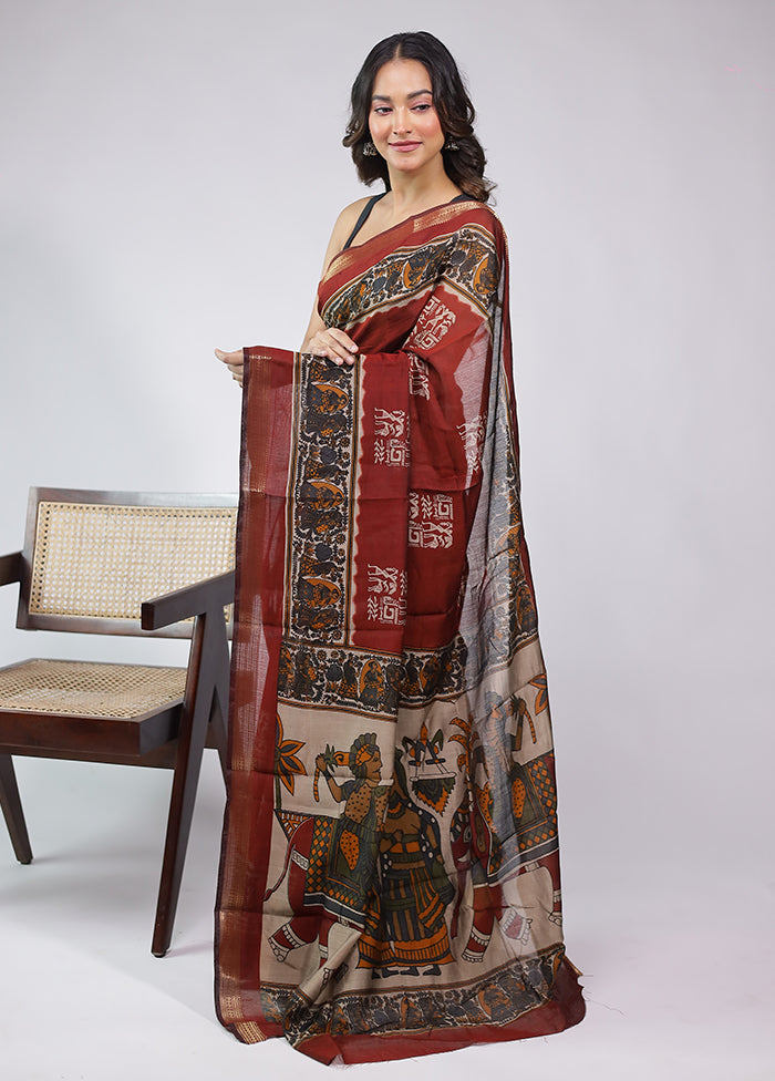 Maroon Chanderi Cotton Saree With Blouse Piece