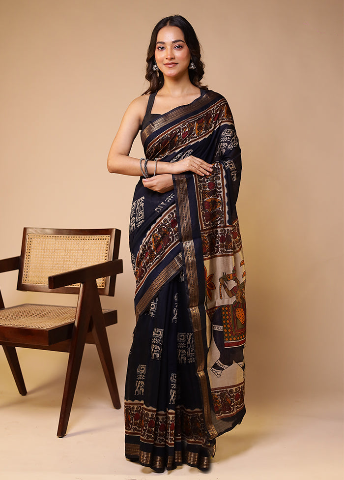 Black Chanderi Cotton Saree With Blouse Piece