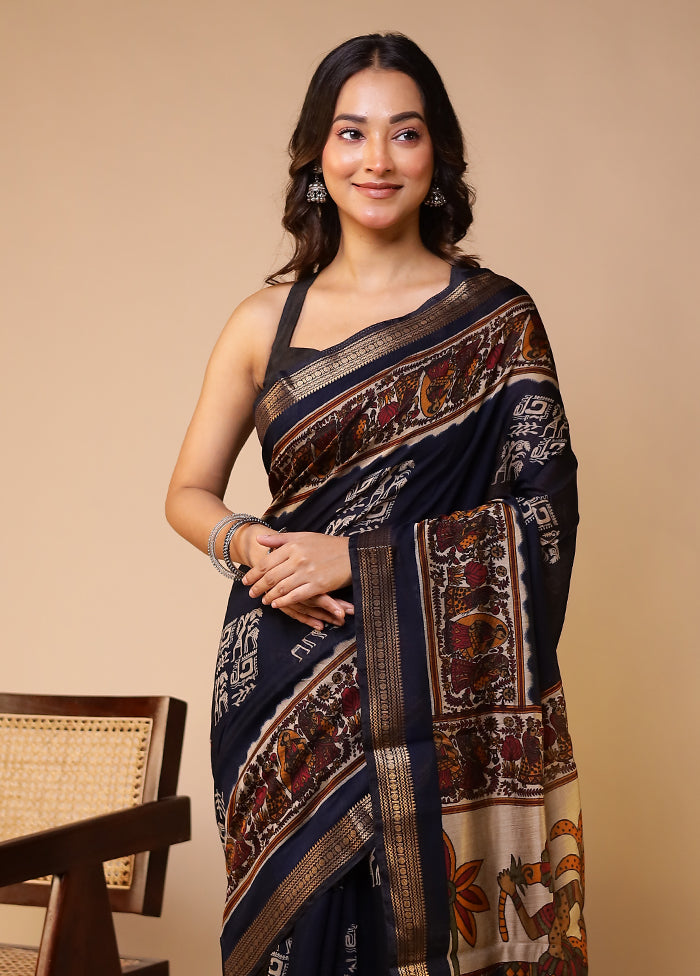 Black Chanderi Cotton Saree With Blouse Piece