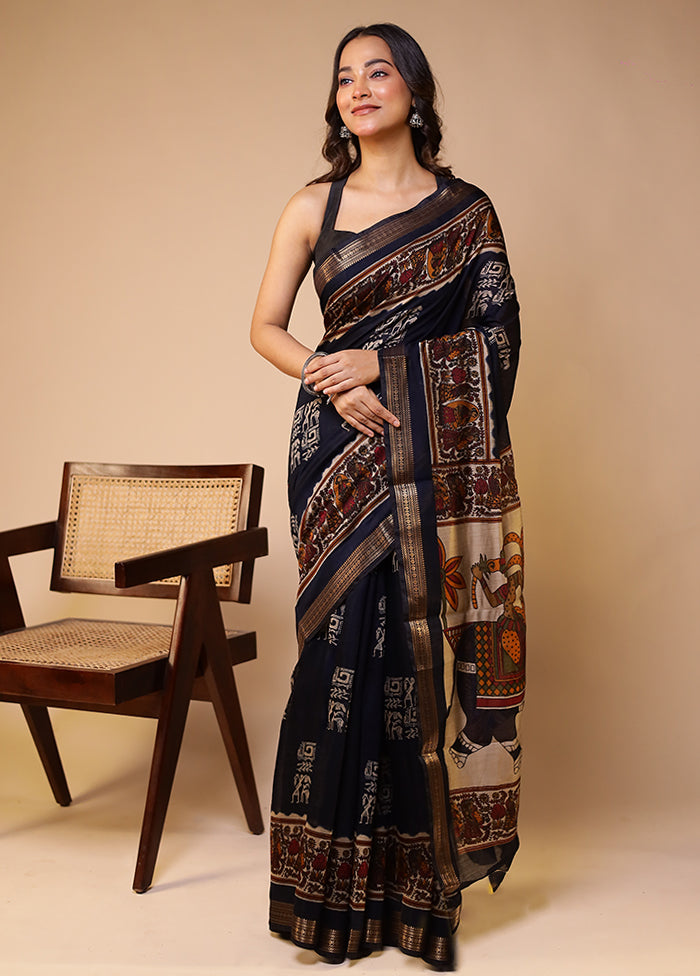Black Chanderi Cotton Saree With Blouse Piece
