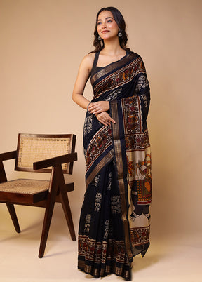 Black Chanderi Cotton Saree With Blouse Piece