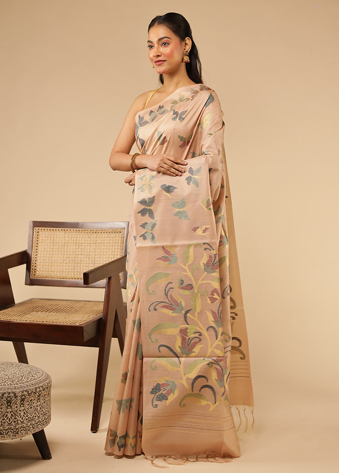 Peach Tussar Silk Saree With Blouse Piece