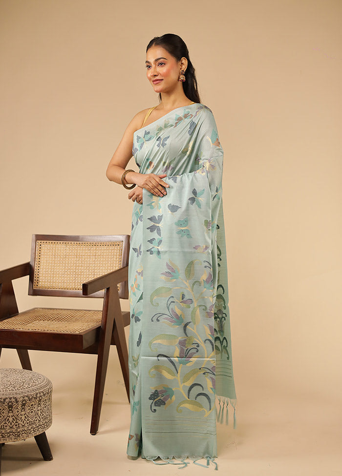 Blue Tussar Silk Saree With Blouse Piece