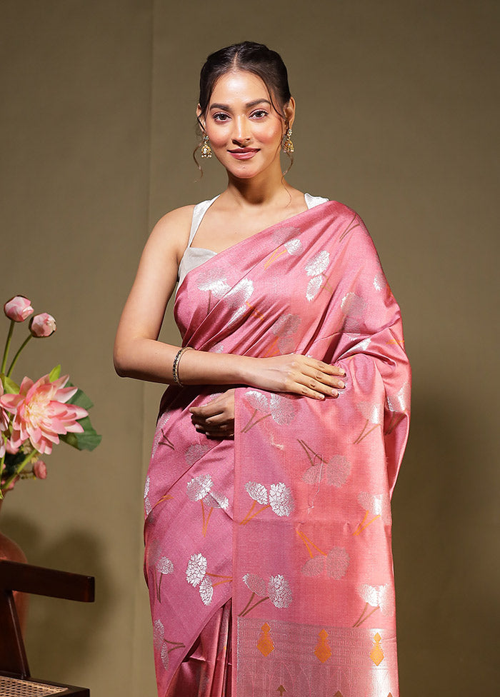 Pink Tussar Silk Saree With Blouse Piece