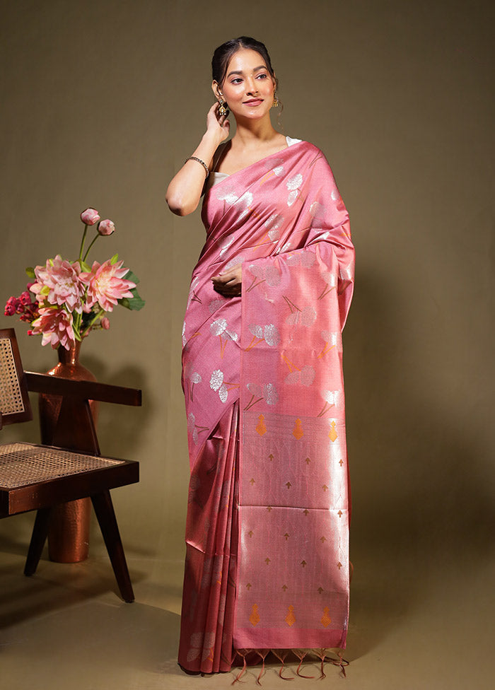 Pink Tussar Silk Saree With Blouse Piece