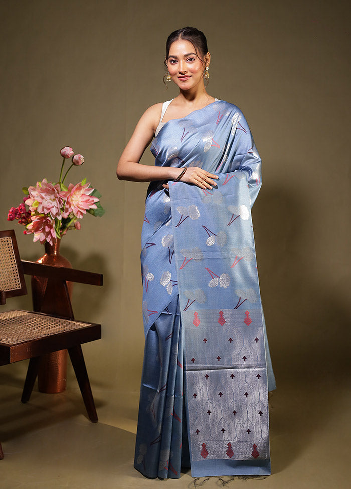 Blue Tussar Silk Saree With Blouse Piece
