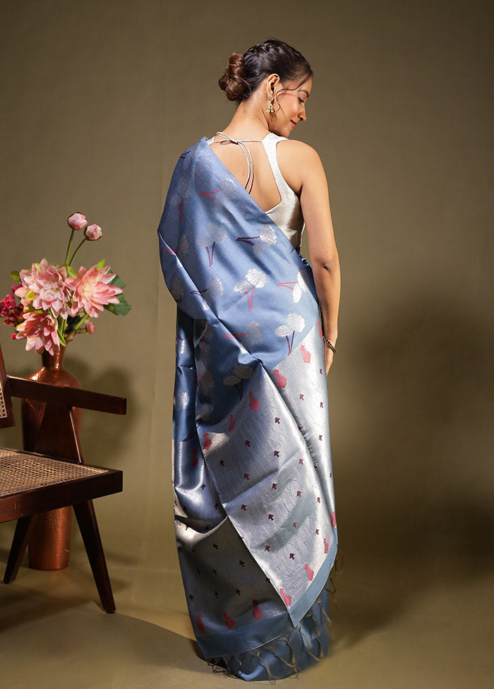 Blue Tussar Silk Saree With Blouse Piece