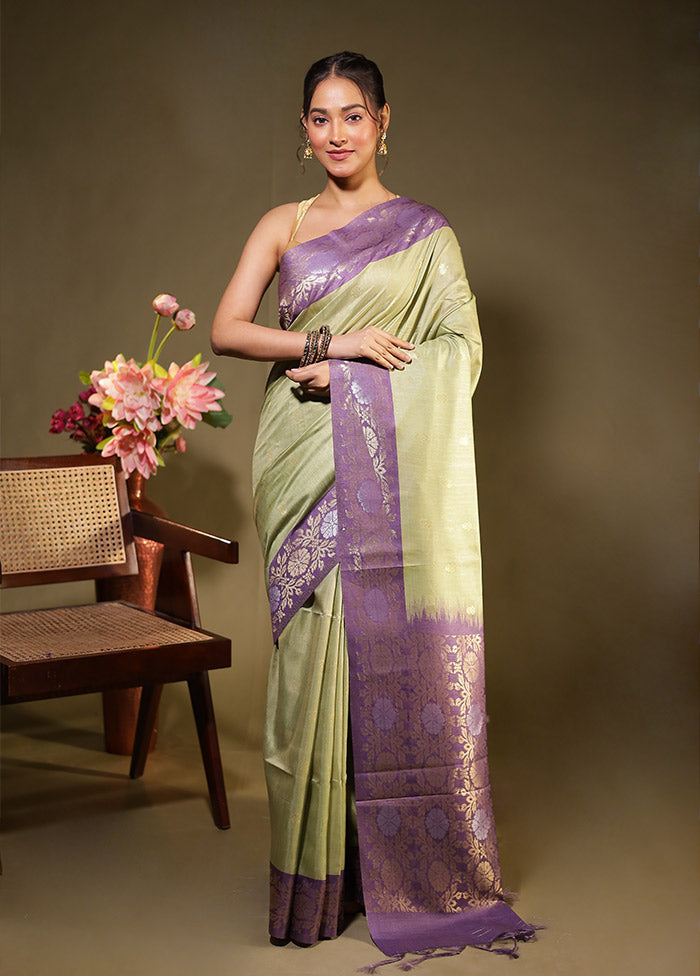 Green Tussar Silk Saree With Blouse Piece