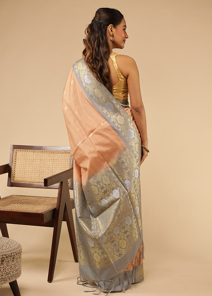 Peach Tussar Silk Saree With Blouse Piece