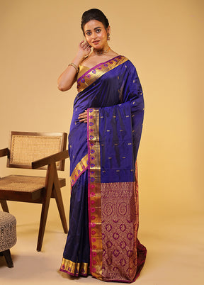 Blue Handloom Kanjivaram Pure Silk Saree With Blouse Piece