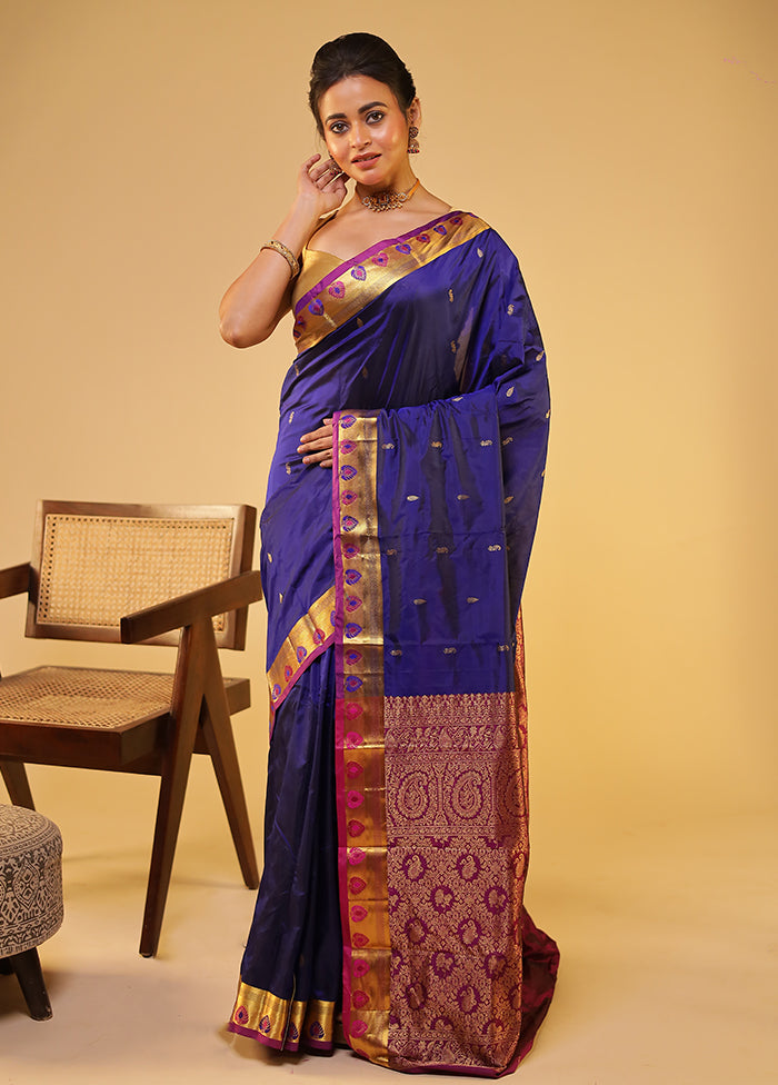 Blue Handloom Kanjivaram Pure Silk Saree With Blouse Piece
