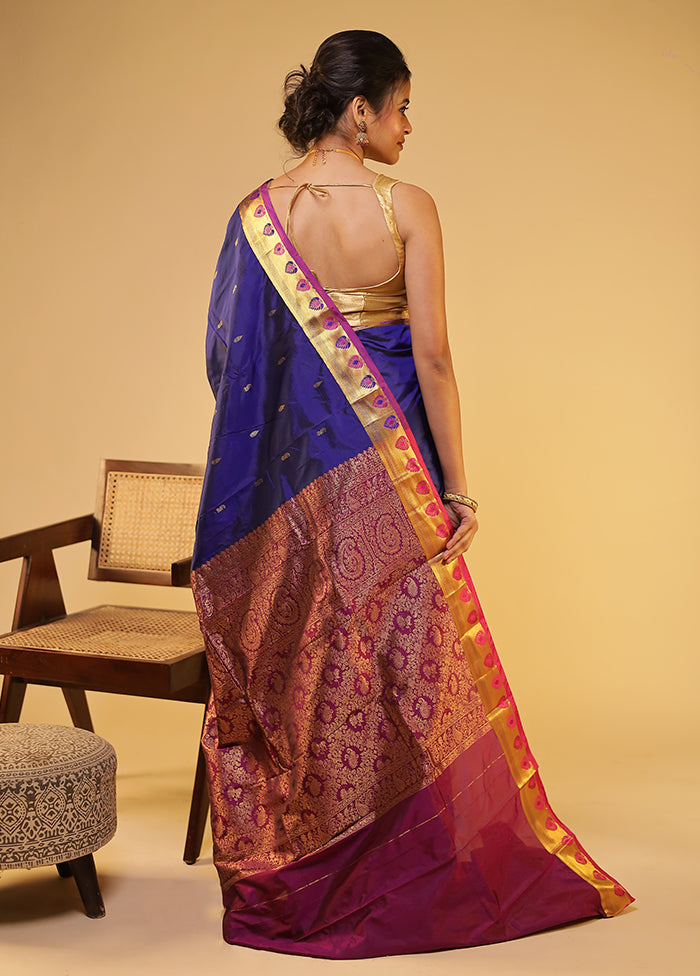 Blue Handloom Kanjivaram Pure Silk Saree With Blouse Piece