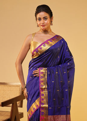Blue Handloom Kanjivaram Pure Silk Saree With Blouse Piece