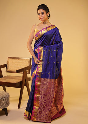 Blue Handloom Kanjivaram Pure Silk Saree With Blouse Piece