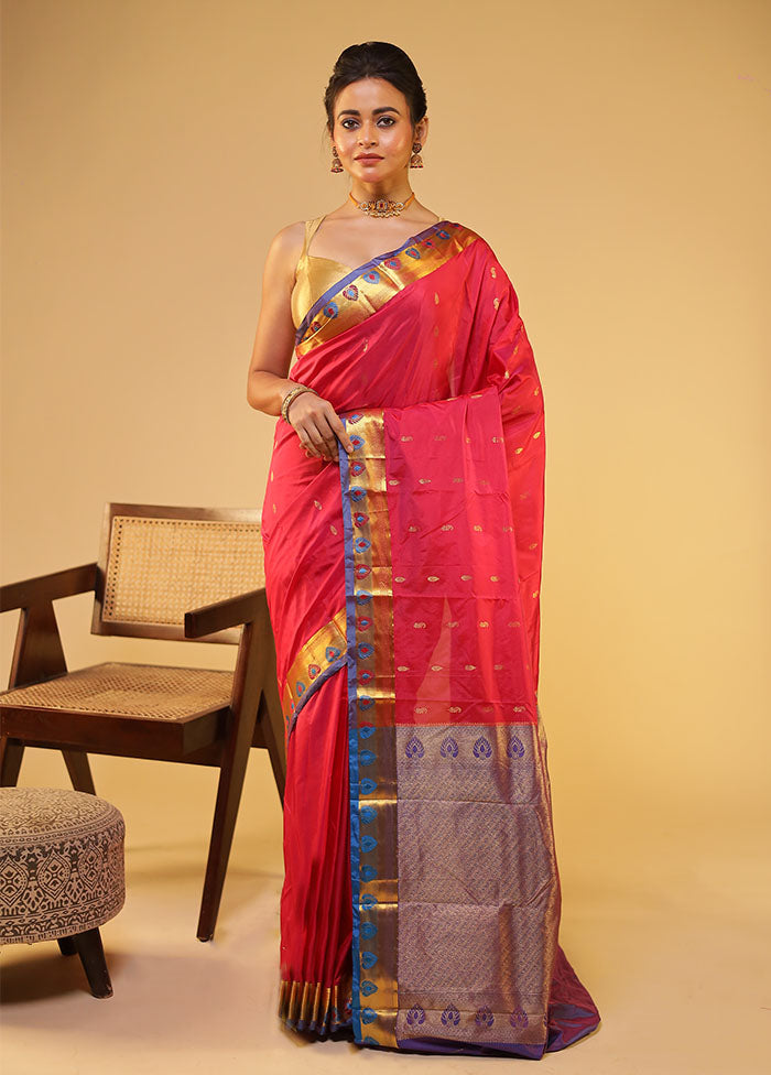 Pink Handloom Kanjivaram Pure Silk Saree With Blouse Piece