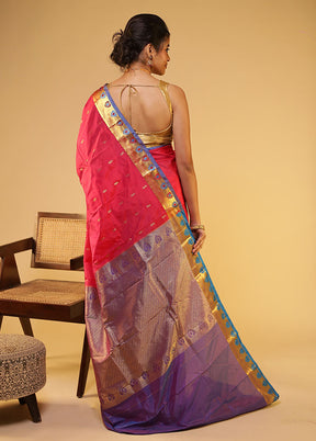 Pink Handloom Kanjivaram Pure Silk Saree With Blouse Piece