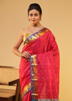 Pink Handloom Kanjivaram Pure Silk Saree With Blouse Piece